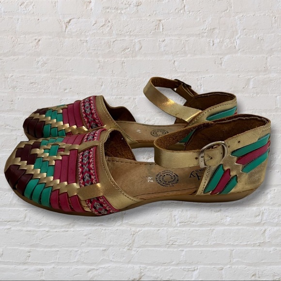 Sandy Exclusiva Gold Pink Teal Woven Leather Aztec Ankle Strap Sandals Huaraches - Picture 1 of 8